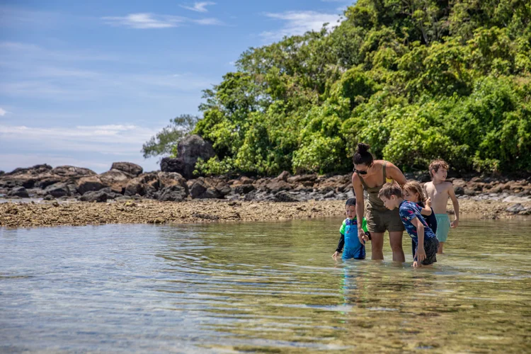 A family walking through a water play zone at the Frankland Islands, Great Barrier Reef in Australia.