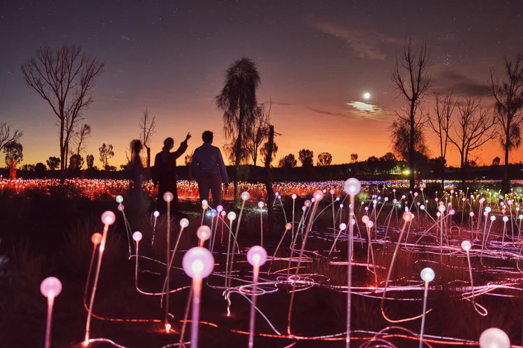 A family walking through the Field of Light installation in Uluru, Australia.