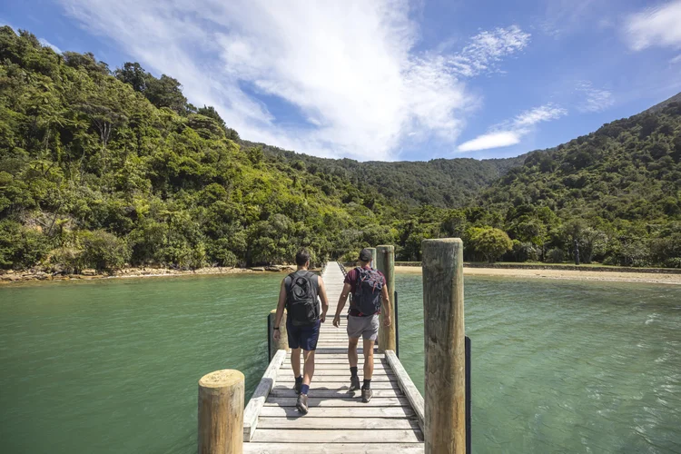 Two people walking on a deck walkway to an island in Queen Charlotte, Track Marlborough, New Zealand.