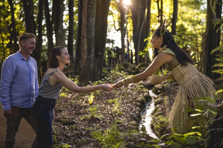 A couple meeting a traditional Māori woman in New Zealand.