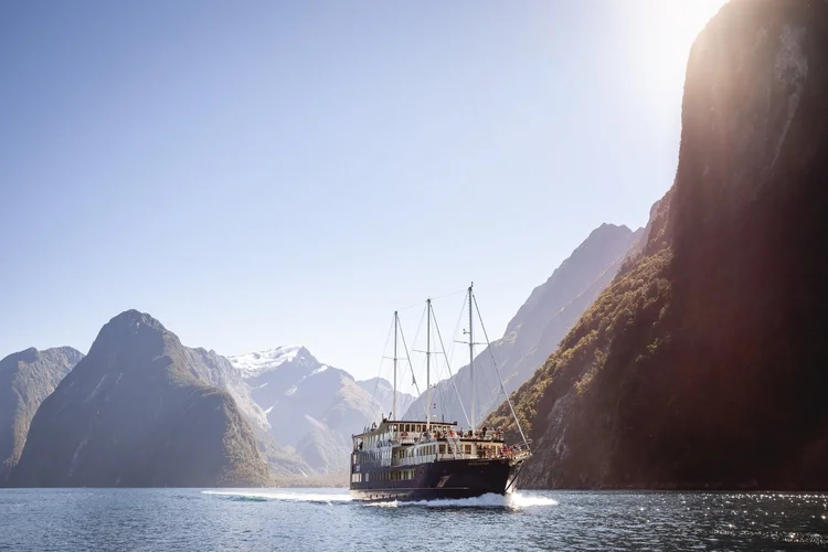 A Milford Sound cruise out on the water in New Zealand.