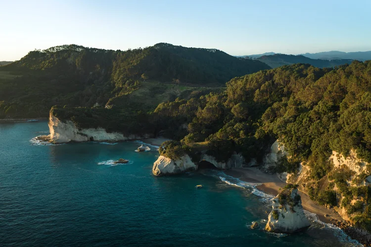 Iconic rock arch at Cathedral Cove near Whitianga, with golden sand, turquoise water, and coastal cliffs framing the beach under a clear sky.