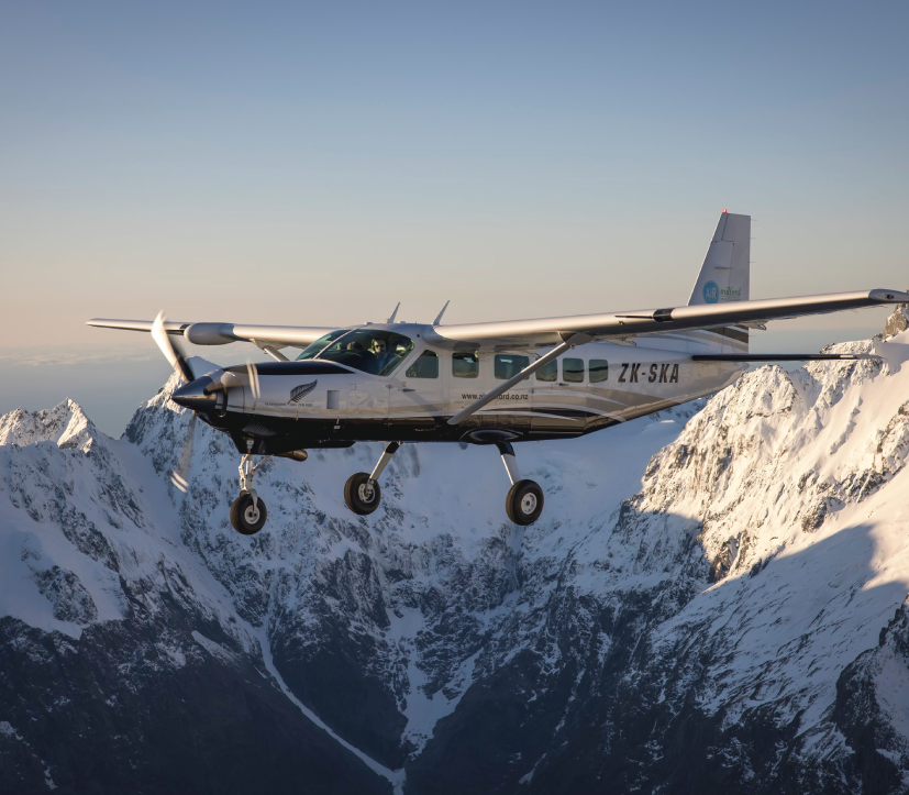 A private plane flying over the Southern Alps of New Zealand.