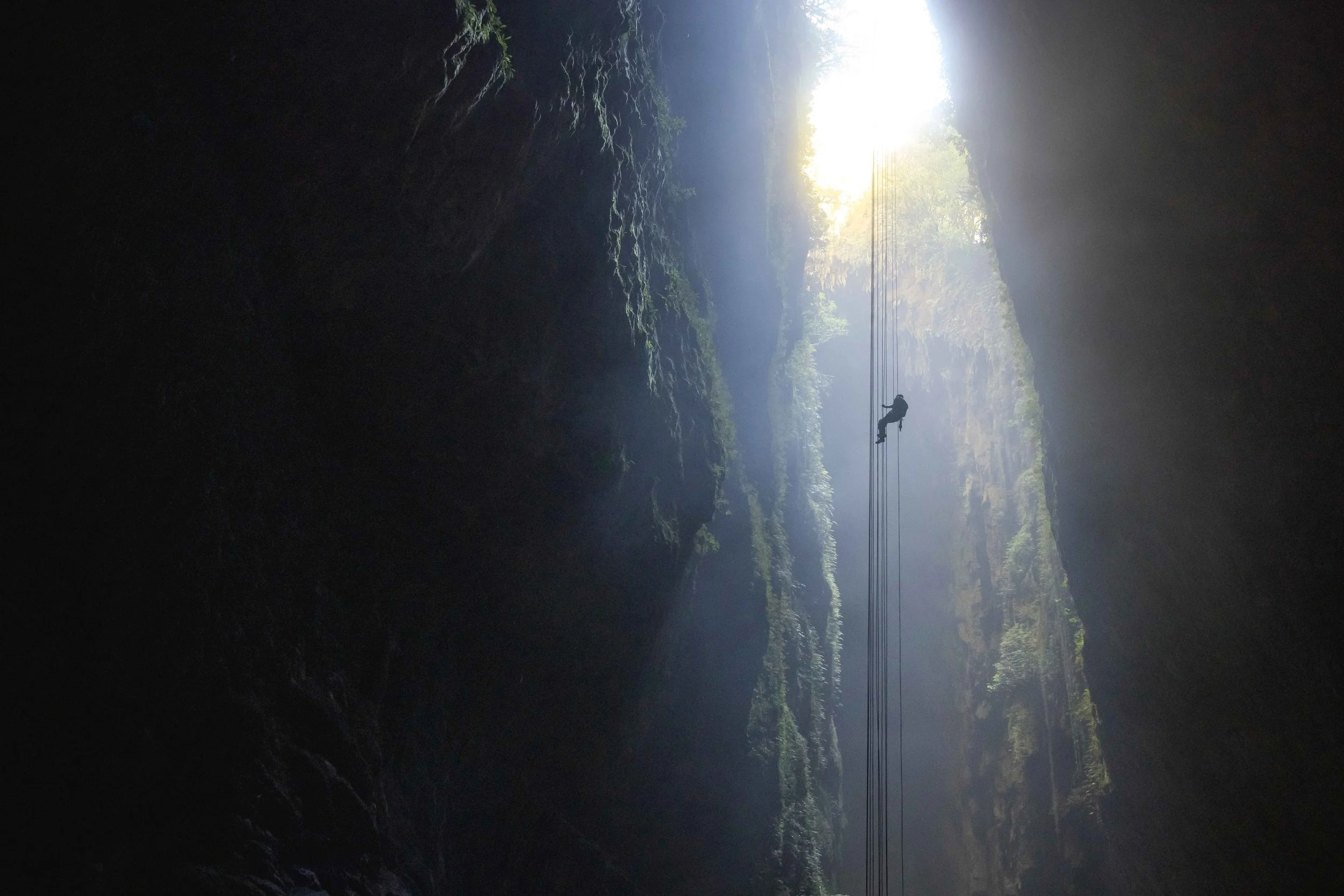 Visitors descend the steep canyons inside the Waitomo Caves in New Zealand