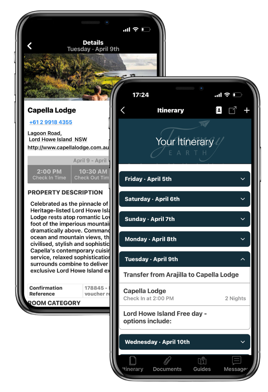 Two smartphone screens showing travel itinerary details for a trip to Lord Howe Island, including accommodation at Capella Lodge and scheduled transfer and stay dates in April.