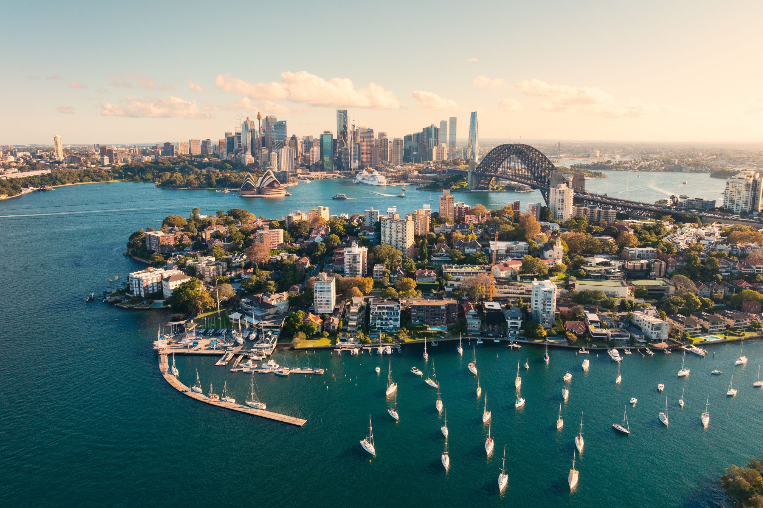 Aerial view of Sydney Harbour on a clear day.