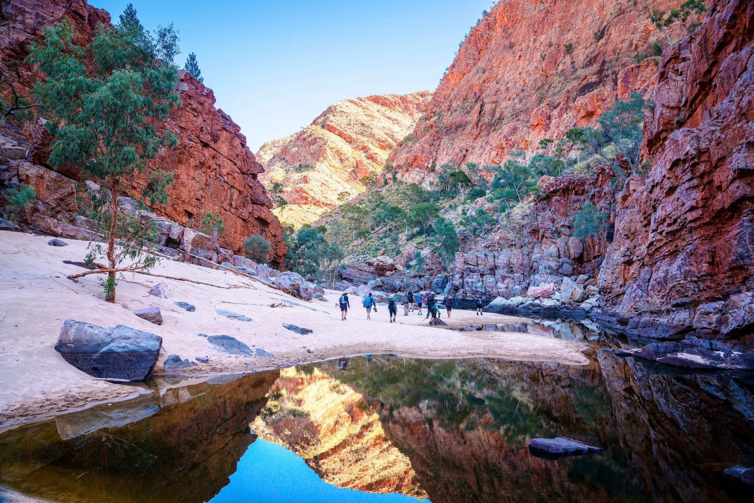 A group of travelers enjoys private guided hike through Ormiston Gorge, located within the Tjoritja / West MacDonnell National Park in Australia.
