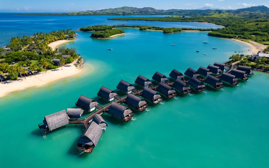 Aerial view of gorgeous luxury resort in Fiji on Viti Levu Island.